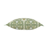 Snakeshead Floral Polyester Cushion in Sunflower/Stone, shown side-on to reveal its rectangular bolster shape with a mirrored green, gold and cream floral print on a stone ground.
