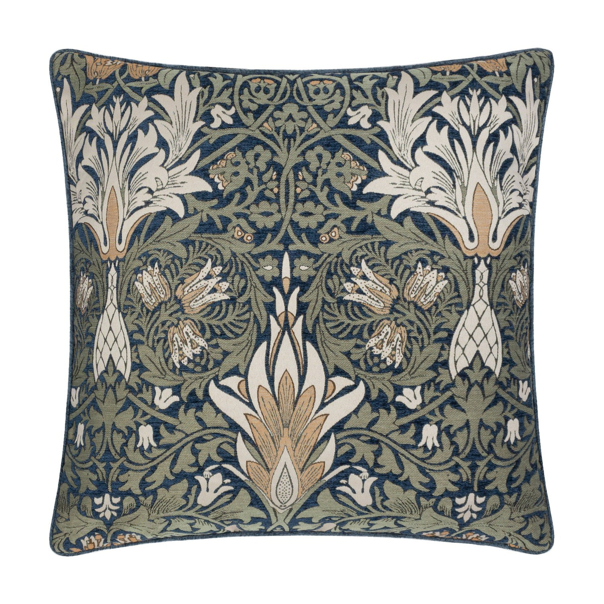 Snakes Head Jacquard Chenille Cushion in indigo and leaf green, featuring a woven William Morris floral pattern with cream and tan accents, shown on a plain white background.