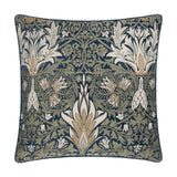 Snakes Head Jacquard Chenille Cushion in indigo and leaf green, featuring a woven William Morris floral pattern with cream and tan accents, shown on a plain white background.