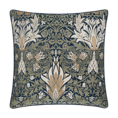 Snakes Head Jacquard Chenille Cushion in indigo and leaf green, featuring a woven William Morris floral pattern with cream and tan accents, shown on a plain white background.