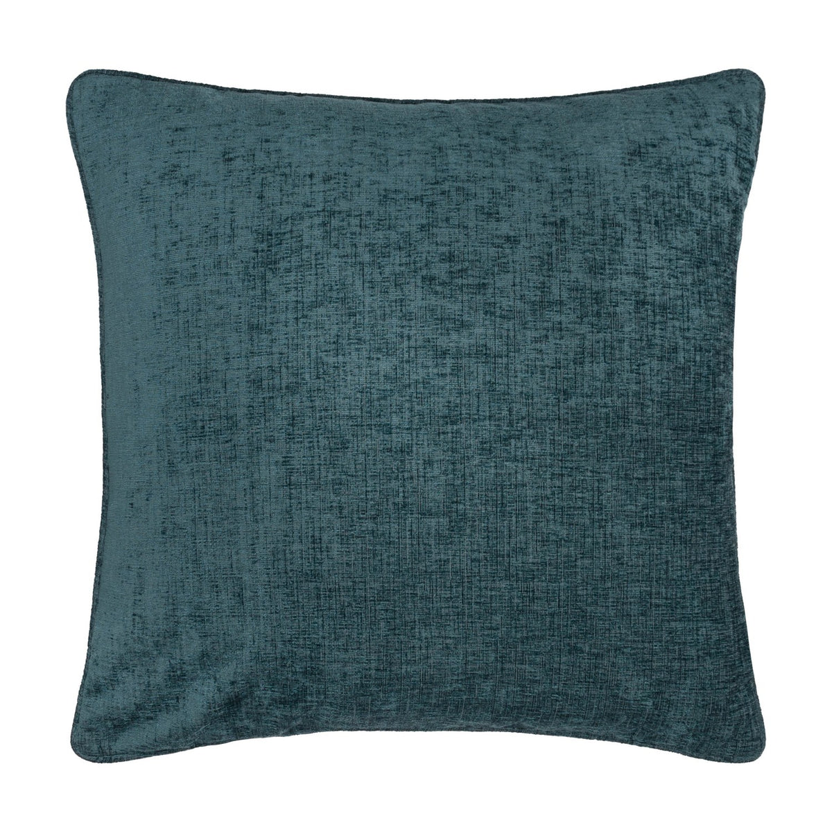 Square textured chenille cushion in solid deep indigo/teal with piped edging, plain reverse side shown on a white background.