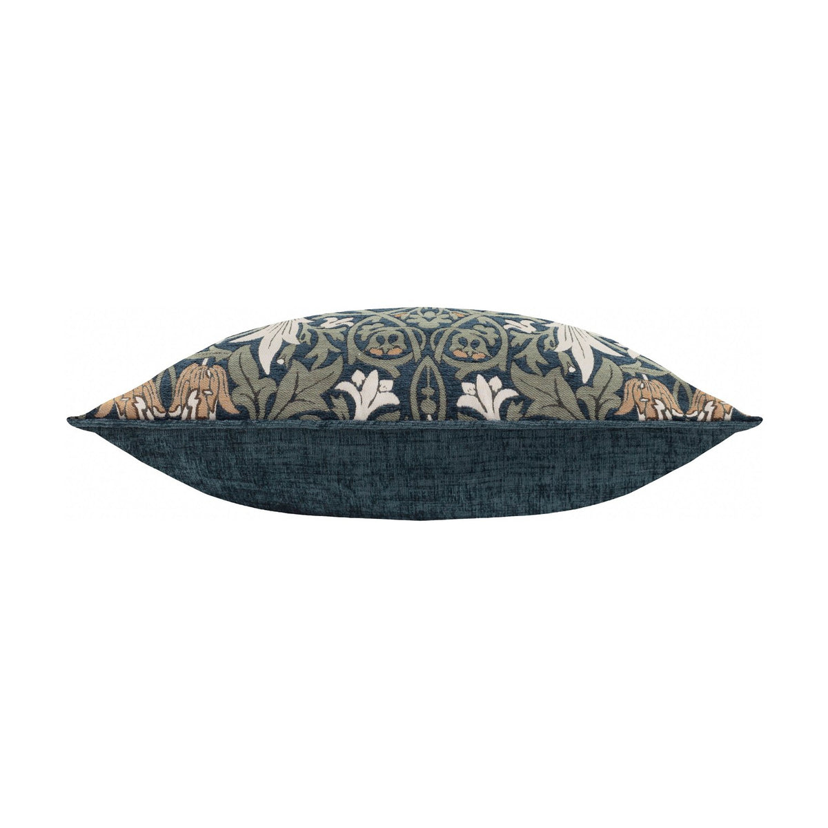 Side view of the Snakes Head Jacquard Chenille Cushion, showing the plain indigo velvet back panel and the edge of the jacquard floral front in leaf green, cream and tan, on a white background.