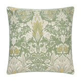 Square jacquard chenille cushion in the Snakes Head design, with sage green foliage, cream detailing and gold flowerheads, shown on a plain white background.