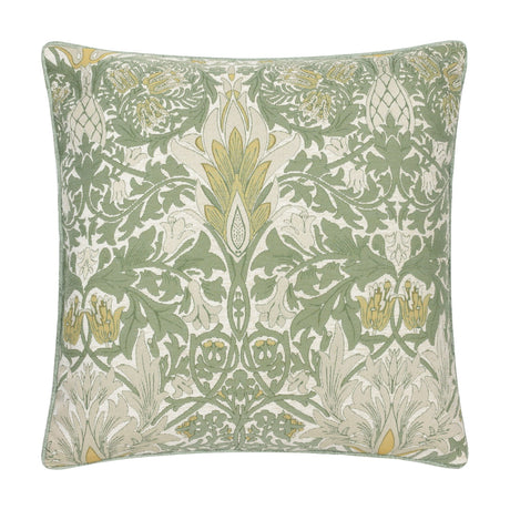 Square jacquard chenille cushion in the Snakes Head design, with sage green foliage, cream detailing and gold flowerheads, shown on a plain white background.