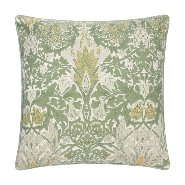 Square jacquard chenille cushion in the Snakes Head design, with sage green foliage, cream detailing and gold flowerheads, shown on a plain white background.
