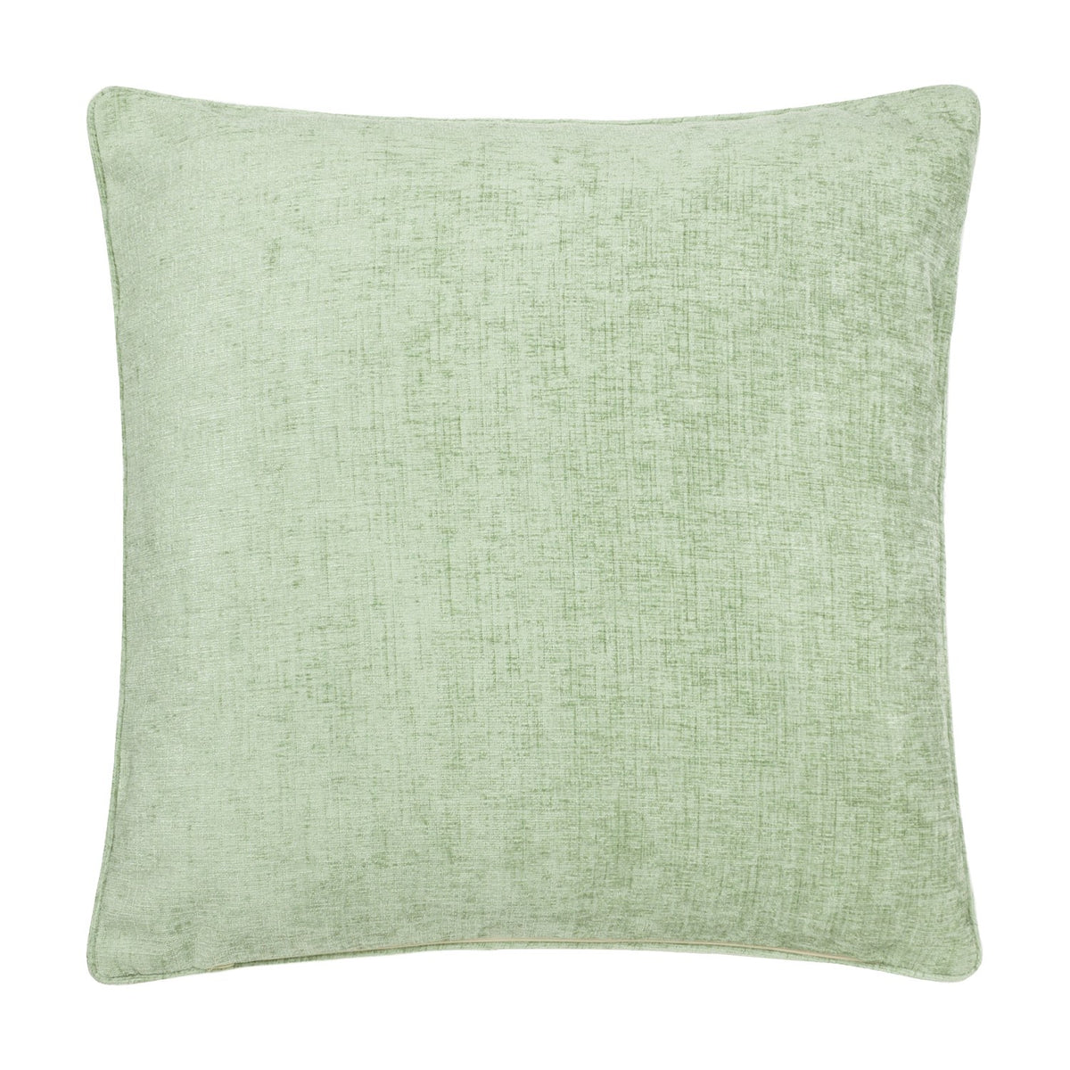 Square jacquard chenille cushion in sage green with a subtle woven texture, plain piped edge, shown on a white background.