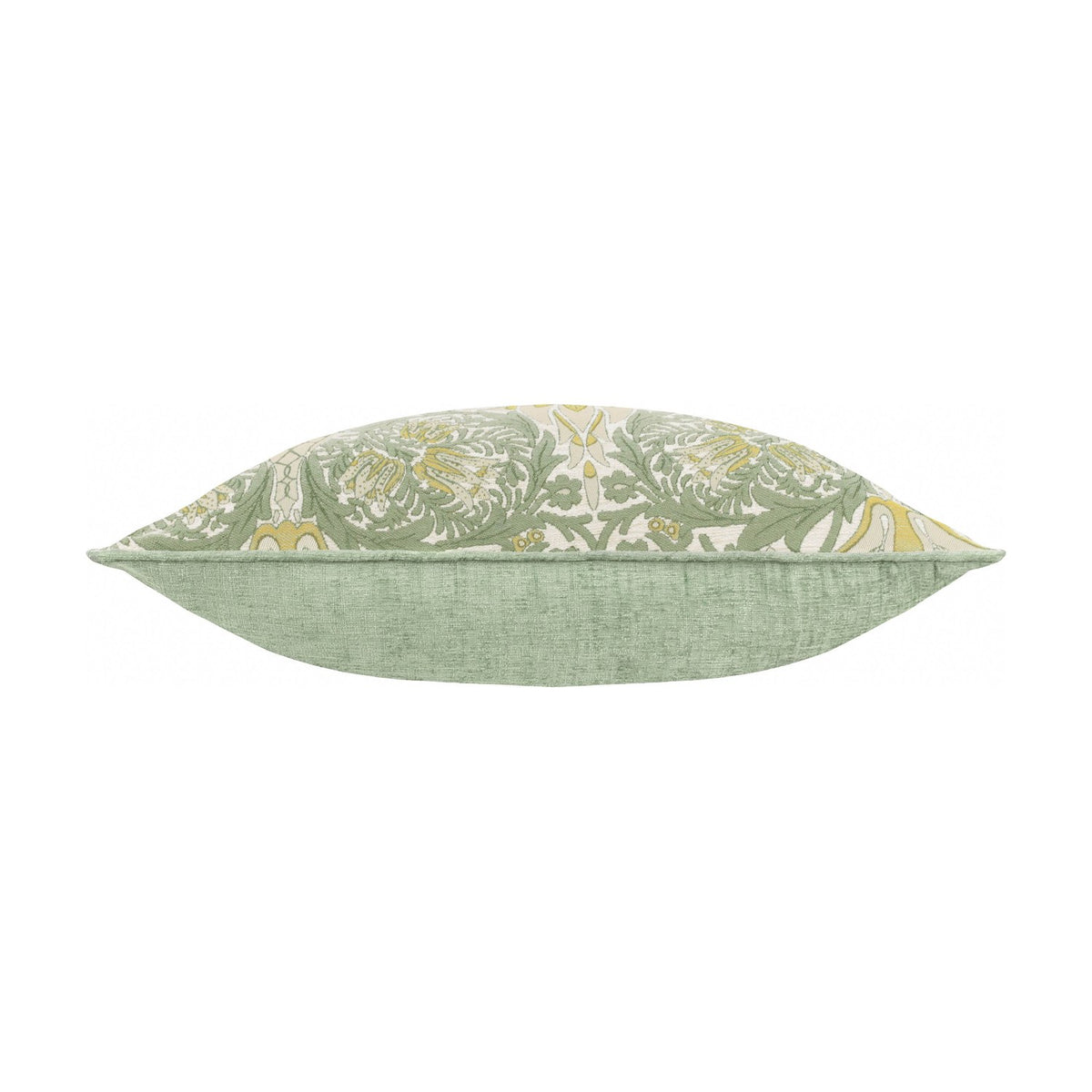 Side view of the Snakes Head Jacquard Chenille Cushion, showing sage green chenille reverse and a floral jacquard front edge in cream and gold, on a white background.