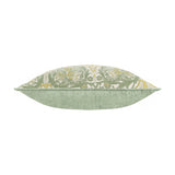 Side view of the Snakes Head Jacquard Chenille Cushion, showing sage green chenille reverse and a floral jacquard front edge in cream and gold, on a white background.