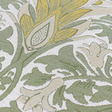 Close-up of Snakes Head Jacquard Chenille Cushion fabric, showing sage green foliage and gold flowerheads woven in raised chenille texture on a cream ground.