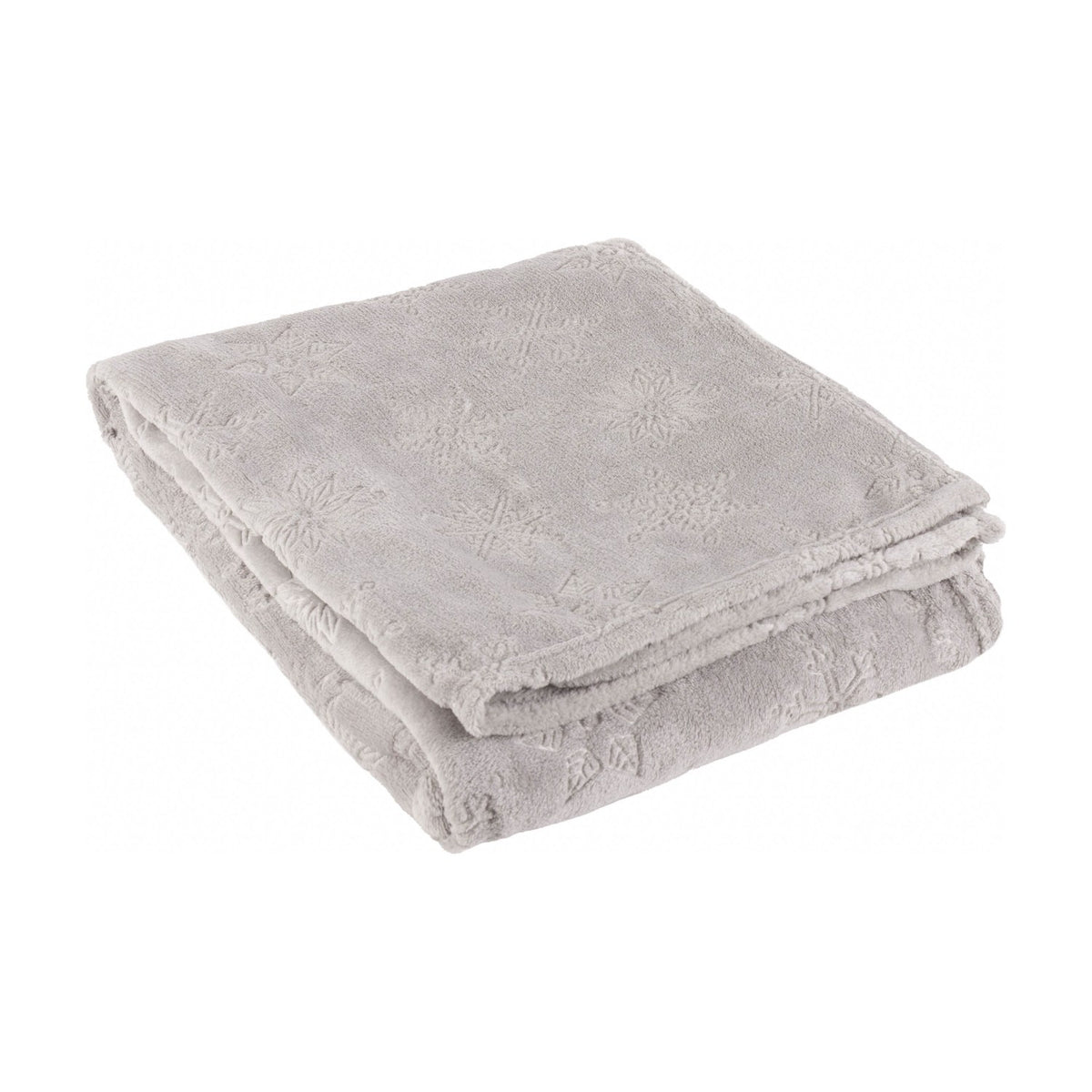 Folded grey faux fur throw with an embossed snowflake pattern, shown against a plain white background.