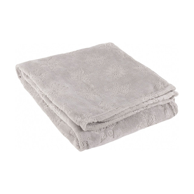Folded grey faux fur throw with an embossed snowflake pattern, shown against a plain white background.