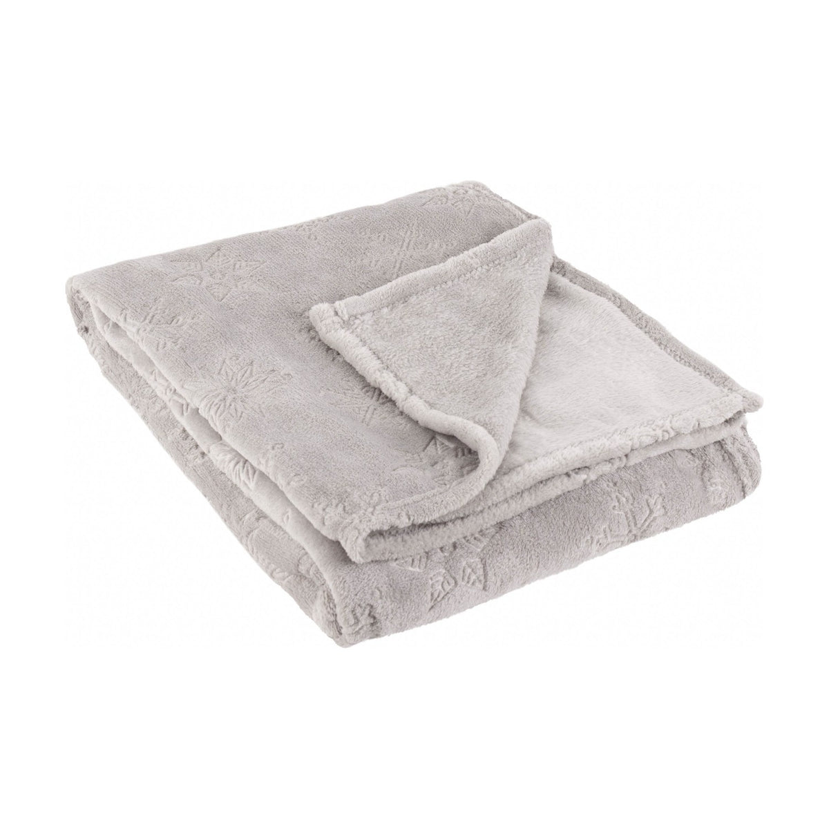 Folded grey faux fur throw with embossed snowflake pattern, showing plain reverse side, on a white background.