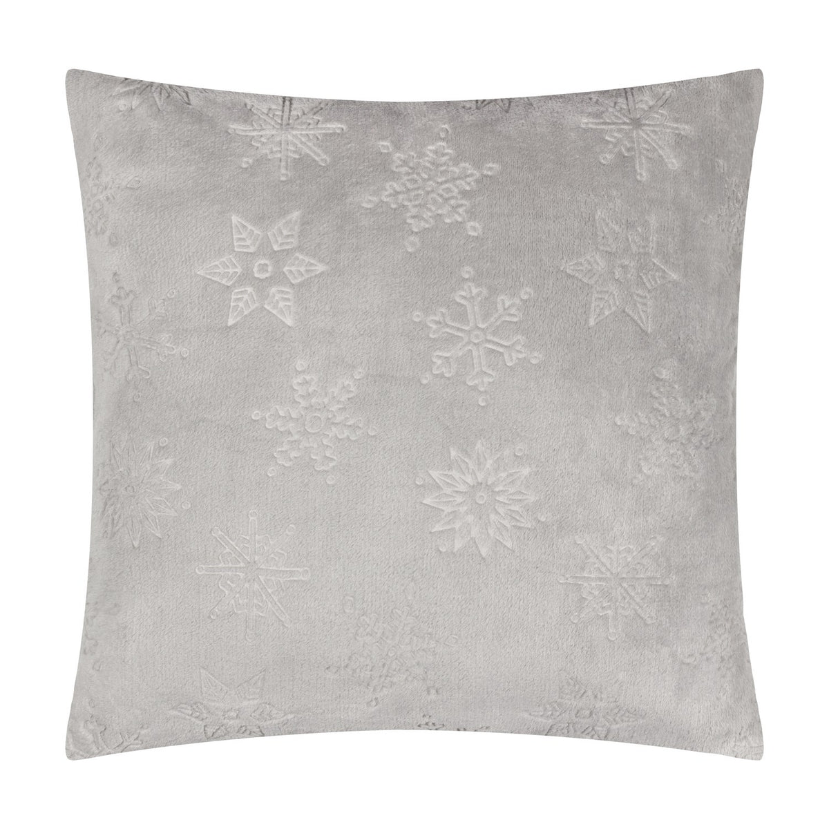 Square grey faux fur cushion with raised tonal snowflake and star motifs textured into the pile, shown on a plain white background.