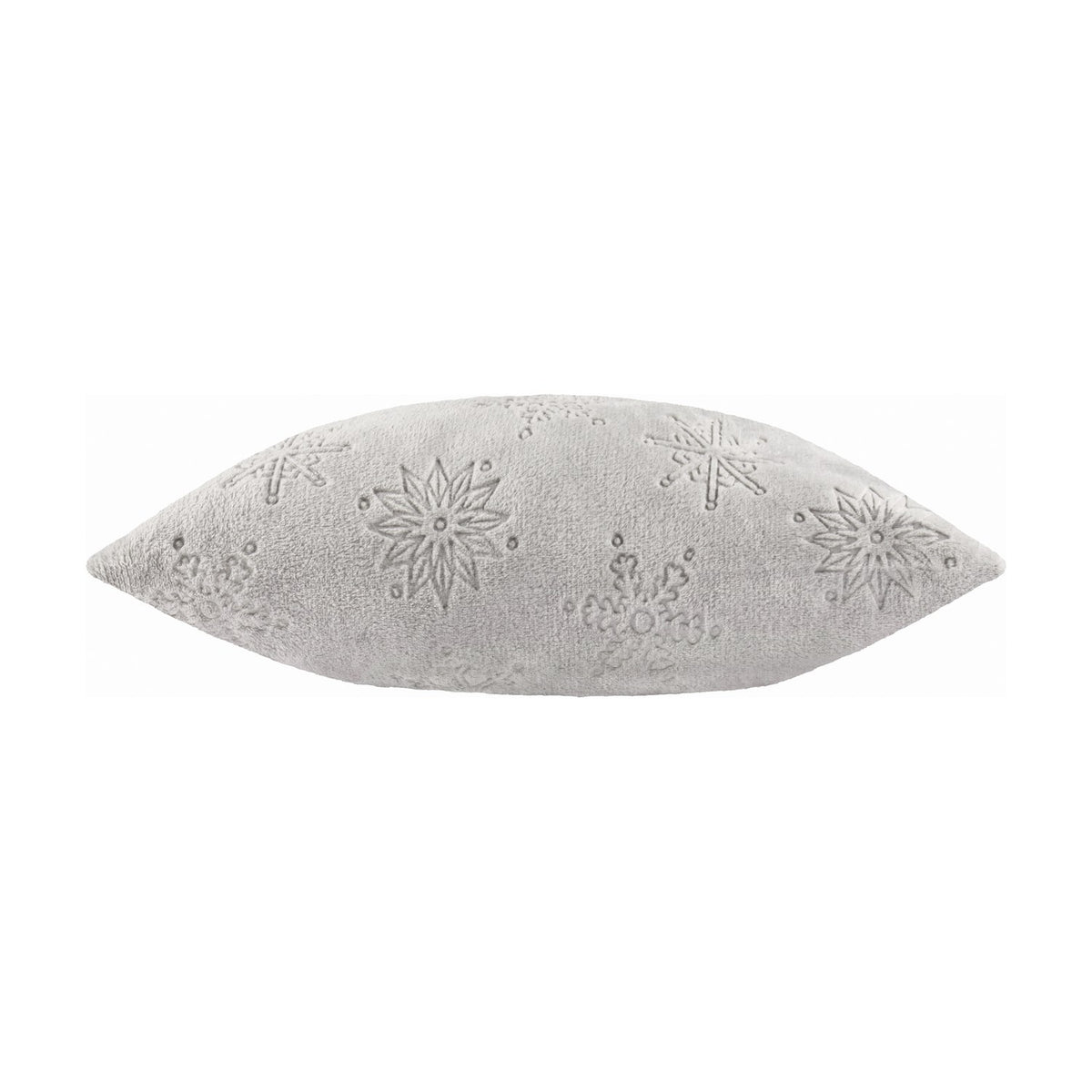 Grey faux fur cushion shown side-on, plumped into a pointed oval shape, with snowflake and star motifs textured into the pile, on a plain white background.