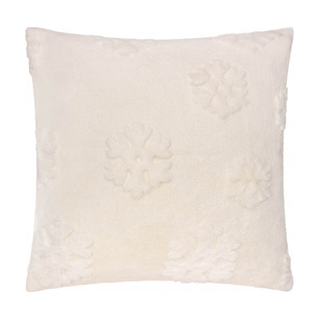 Square faux fur polyester velvet cushion in snow-white cream with raised snowflake motifs textured into the pile, shown against a plain white background.