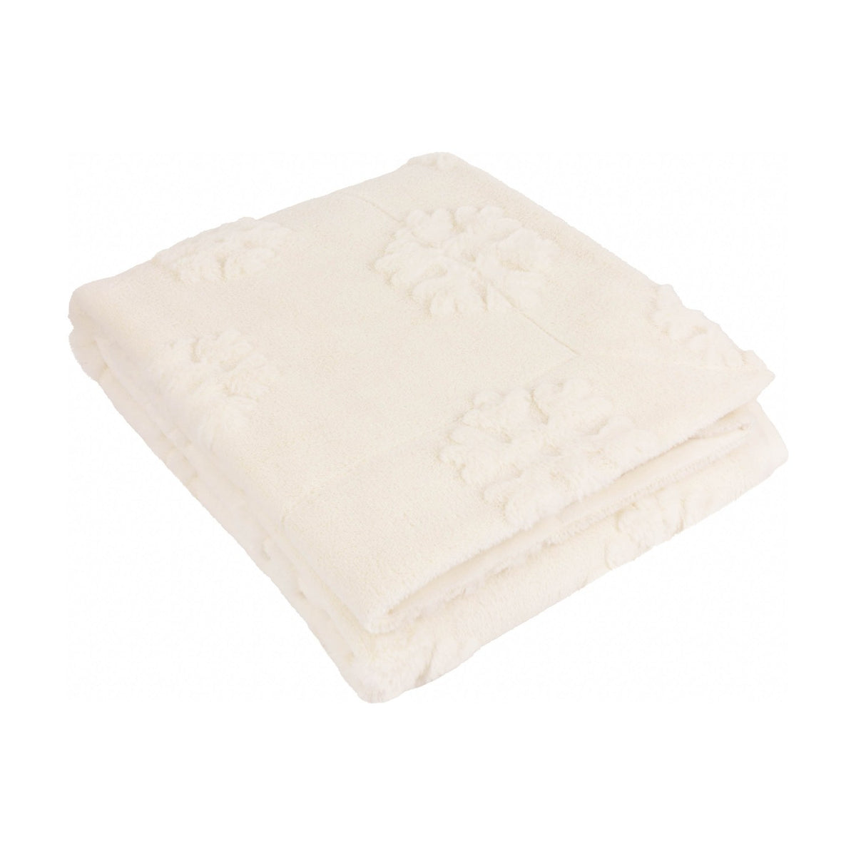 Folded snow white faux fur throw with raised snowflake pattern on a long-piled velvet surface, shown on a plain white background.