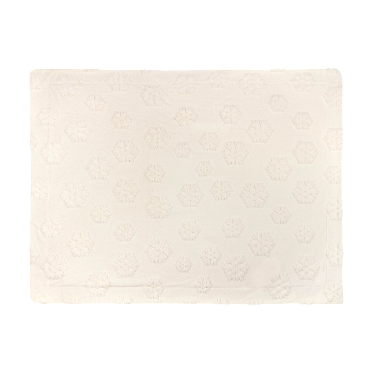 Snow white faux fur polyester velvet throw with a raised, textured snowflake pattern across the surface, shown flat on a plain white background.