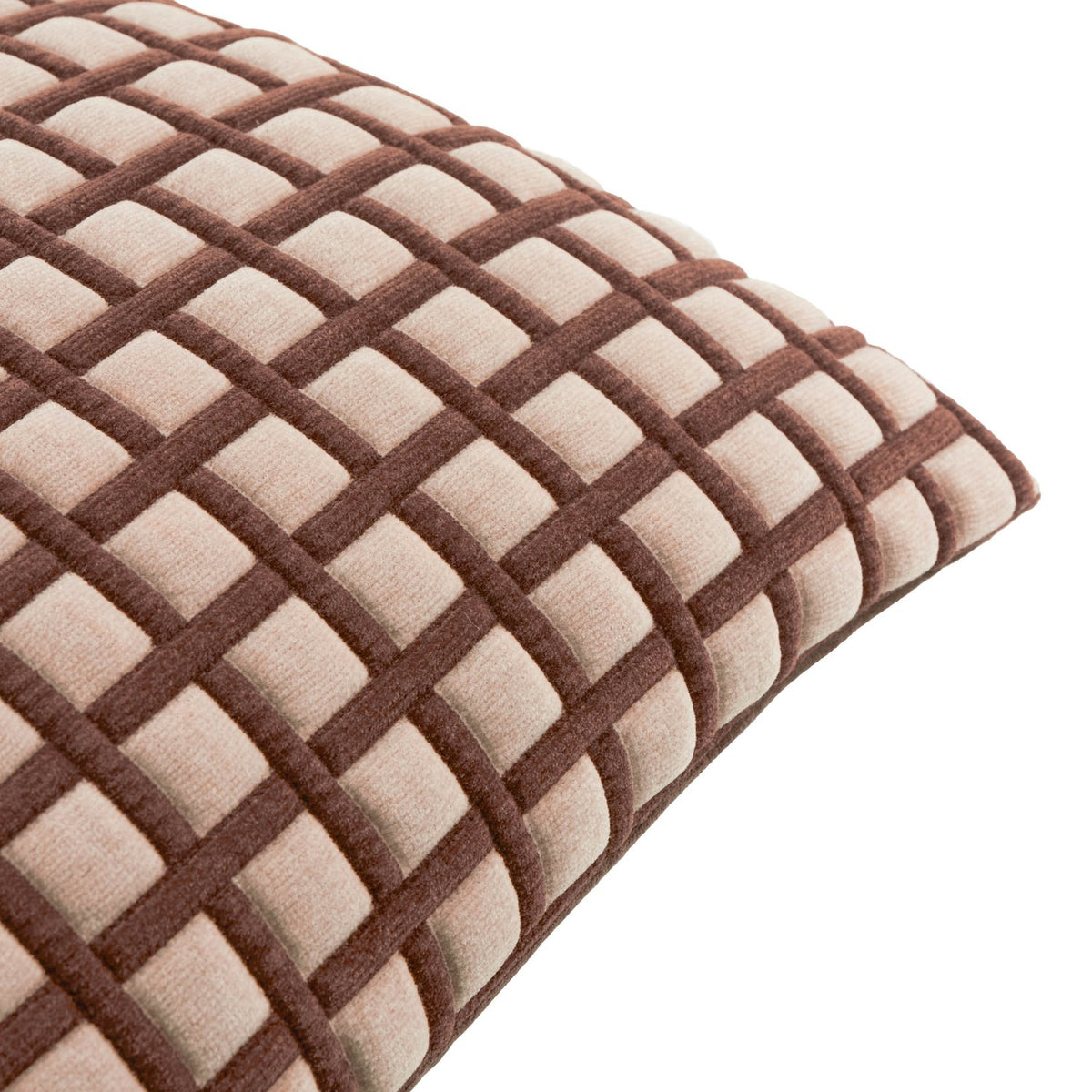 Softie Check polyester cushion in chocolate and sand, close-up of the raised quilted grid pattern with padded squares, shown on a white background.