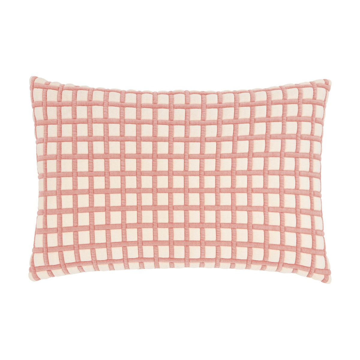Softie Check rectangular lumbar cushion in pink and cream, featuring a raised woven grid pattern, shown on a plain white background.
