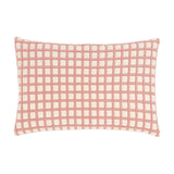 Softie Check rectangular lumbar cushion in pink and cream, featuring a raised woven grid pattern, shown on a plain white background.