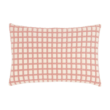 Softie Check rectangular lumbar cushion in pink and cream, featuring a raised woven grid pattern, shown on a plain white background.