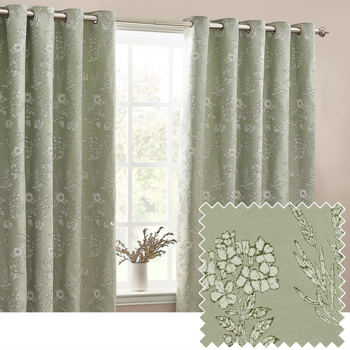 Sophia Jacquard Embroidered Eyelet Curtains in sage green with floral pattern, hung on a metal pole beside a window, with a fabric swatch detail showing the woven botanical design.