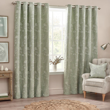 Sophia Jacquard Embroidered Eyelet Curtains - Sage