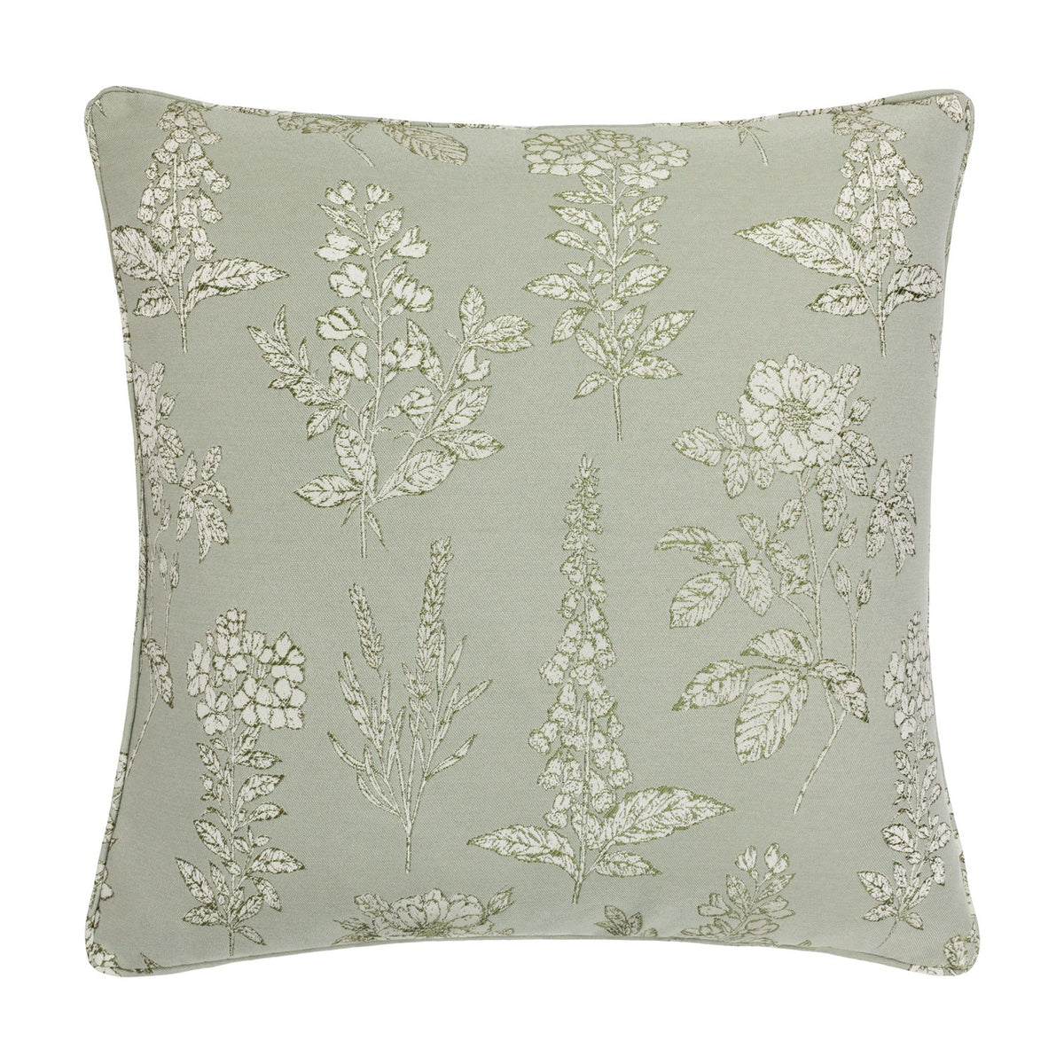 Sophia Eyelet Polyester Cushion in sage, a square 50x50cm design with a woven jacquard botanical pattern of foxgloves, roses and hydrangeas in cream and olive, shown on a plain white background.