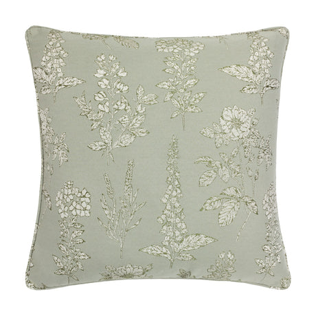 Sophia Eyelet Polyester Cushion in sage, a square 50x50cm design with a woven jacquard botanical pattern of foxgloves, roses and hydrangeas in cream and olive, shown on a plain white background.