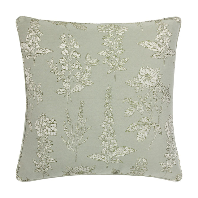 Sophia Eyelet Polyester Cushion in sage, a square 50x50cm design with a woven jacquard botanical pattern of foxgloves, roses and hydrangeas in cream and olive, shown on a plain white background.