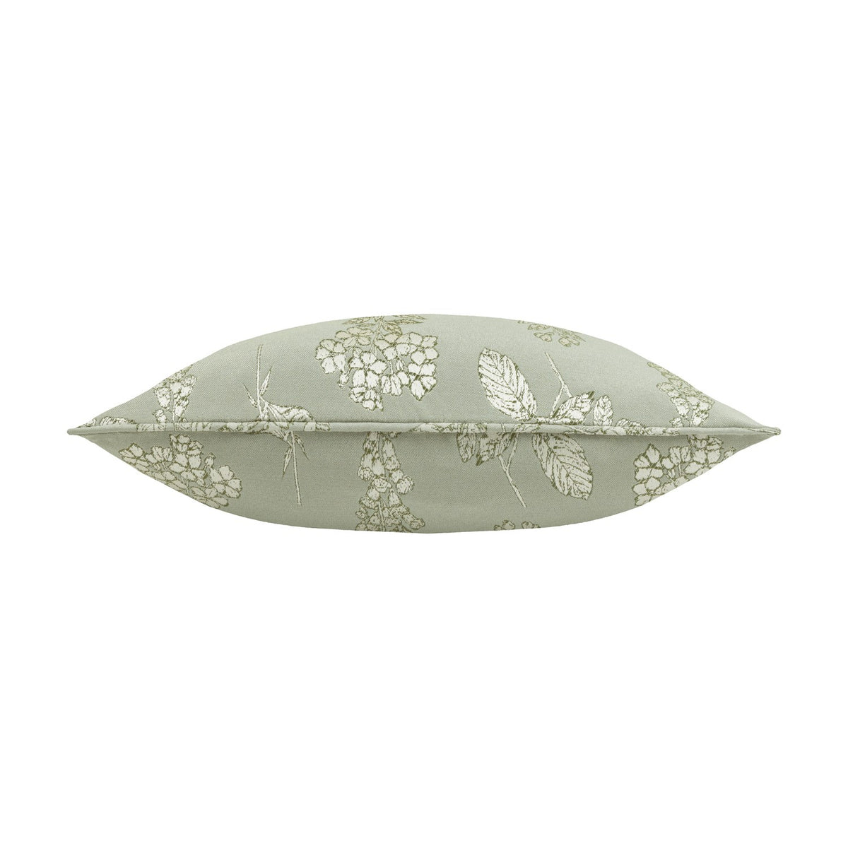 Sophia Eyelet Polyester Cushion in sage, shown side-on with piped edge and a jacquard botanical pattern of foxgloves, roses and hydrangeas in cream and olive, on a white background.