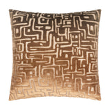 Soren Abstract Velvet Cushion in brown, square with a cut-velvet maze-like geometric pattern shading from dark brown to soft gold, shown on a plain white background.