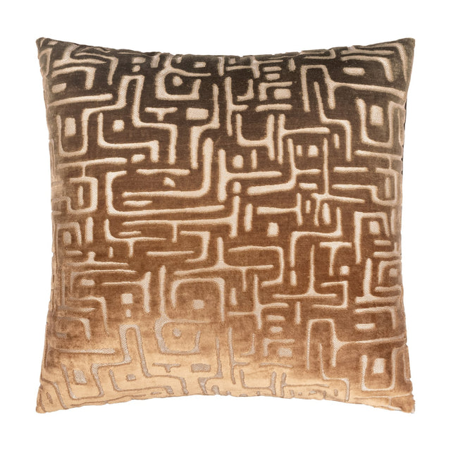 Soren Abstract Velvet Cushion in brown, square with a cut-velvet maze-like geometric pattern shading from dark brown to soft gold, shown on a plain white background.