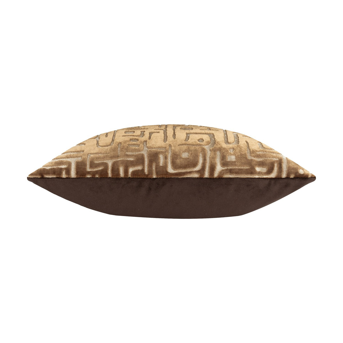 Side view of the Soren Abstract Velvet Cushion in brown, showing a cut-velvet geometric pattern on one face and a plain brown velvet reverse, on a white background.