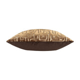 Side view of the Soren Abstract Velvet Cushion in brown, showing a cut-velvet geometric pattern on one face and a plain brown velvet reverse, on a white background.