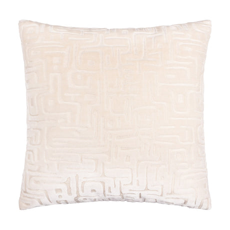 Soren Abstract Velvet Cushion in Chalk, a square cut-velvet cushion with a raised geometric maze pattern in tonal cream, shown on a plain white background.