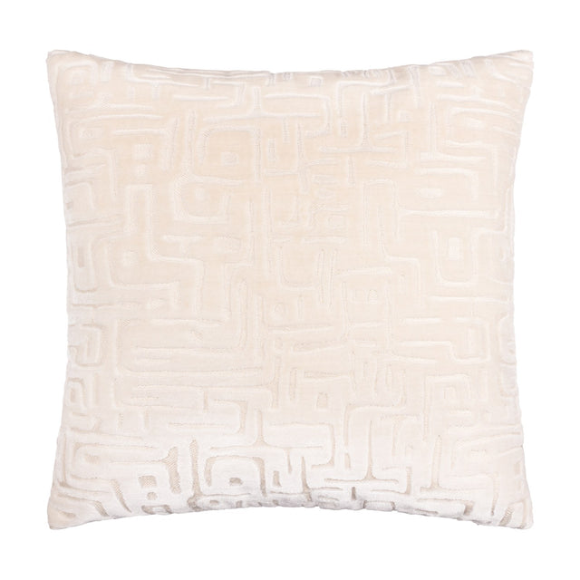 Soren Abstract Velvet Cushion in Chalk, a square cut-velvet cushion with a raised geometric maze pattern in tonal cream, shown on a plain white background.