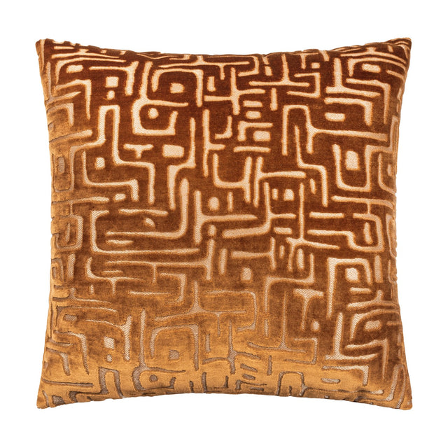 Soren Abstract Velvet Cushion in copper, square cut-velvet design with a maze-like geometric pattern in burnt orange tones, shown on a plain white background.