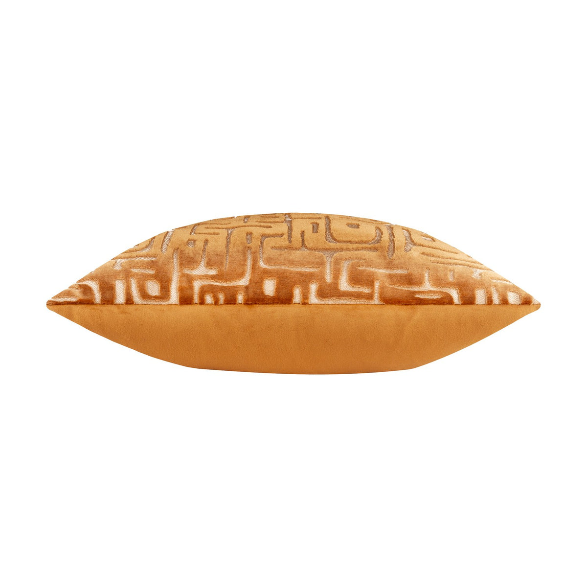 Soren Abstract Velvet Cushion in copper, shown side-on against a white background, with a maze-like cut-velvet pattern on top and plain velvet sides in burnt orange.