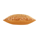Soren Abstract Velvet Cushion in copper, shown side-on against a white background, with a maze-like cut-velvet pattern on top and plain velvet sides in burnt orange.