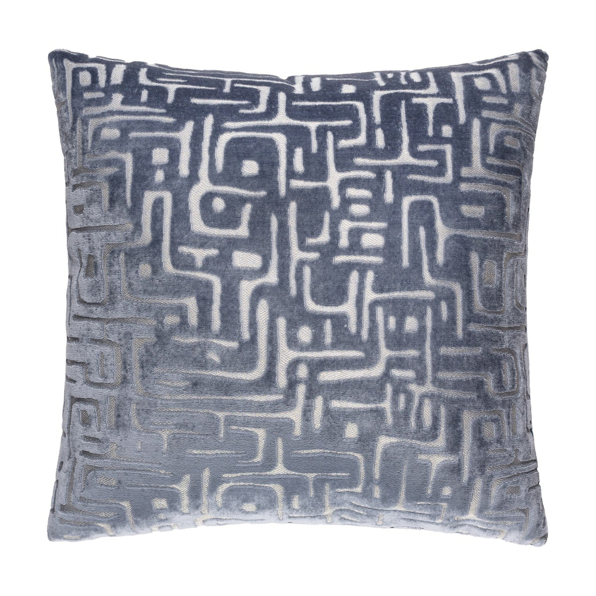 Soren Abstract Velvet Cushion in slate blue, a 45cm square cushion with a raised cut-velvet maze-like geometric pattern, shown on a plain white background.