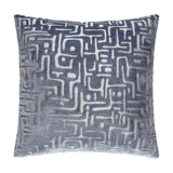 Soren Abstract Velvet Cushion in slate blue, a 45cm square cushion with a raised cut-velvet maze-like geometric pattern, shown on a plain white background.