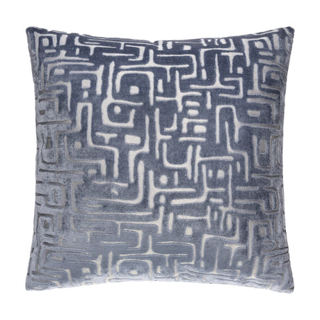 Soren Abstract Velvet Cushion in slate blue, a 45cm square cushion with a raised cut-velvet maze-like geometric pattern, shown on a plain white background.
