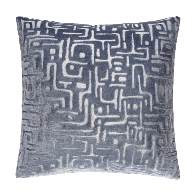 Soren Abstract Velvet Cushion in slate blue, a 45cm square cushion with a raised cut-velvet maze-like geometric pattern, shown on a plain white background.