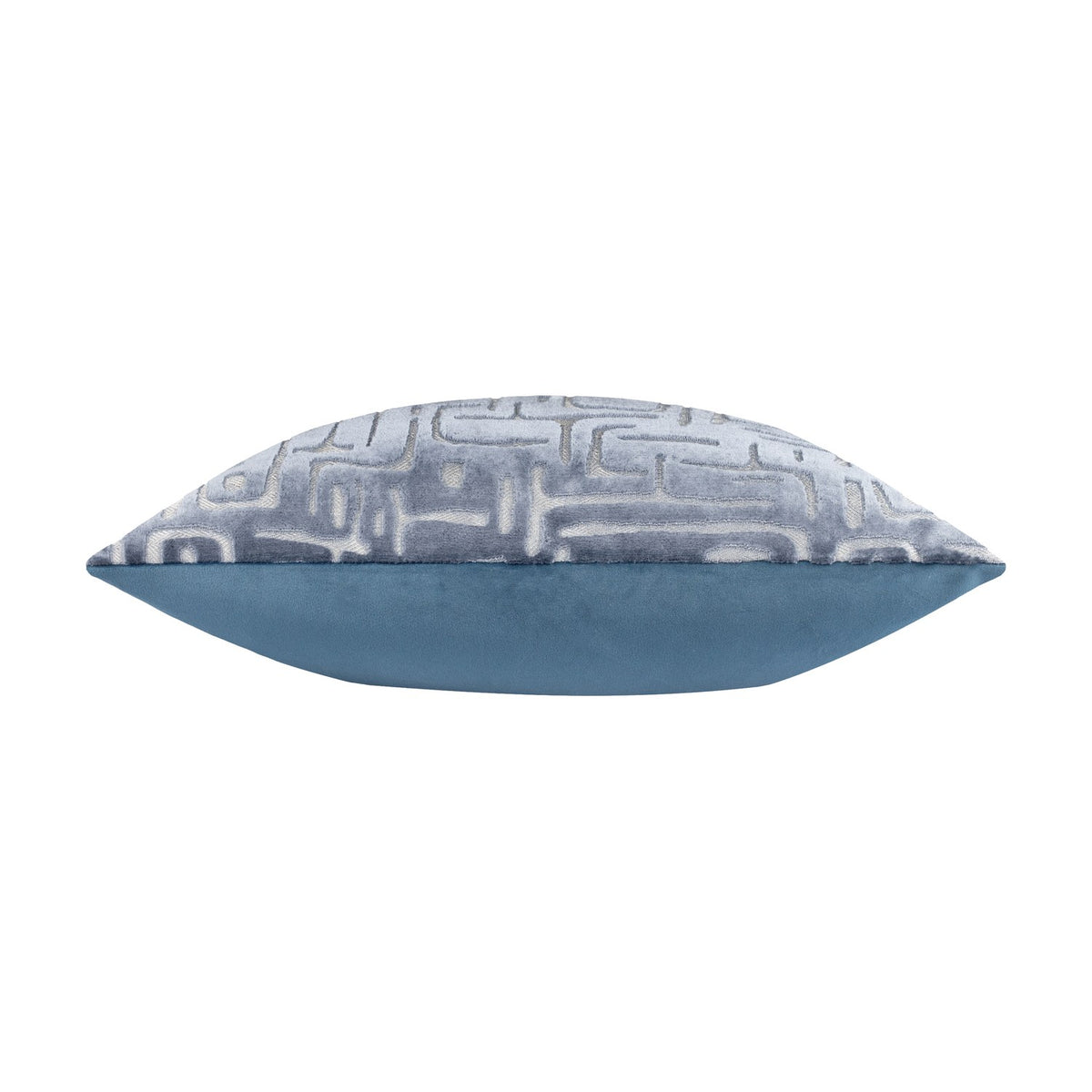 Side view of the Soren Abstract Velvet Cushion in slate blue, showing the grey-toned geometric velvet pattern on one side and plain blue velvet on the reverse, against a white background.