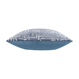 Side view of the Soren Abstract Velvet Cushion in slate blue, showing the grey-toned geometric velvet pattern on one side and plain blue velvet on the reverse, against a white background.