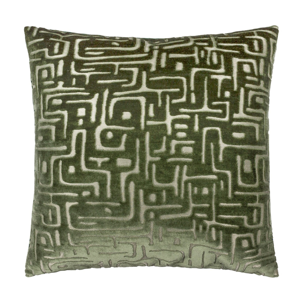 Soren Abstract Velvet Cushion in smoke green, a 45cm square cushion with a cut-velvet maze-like geometric pattern, shown against a plain white background.