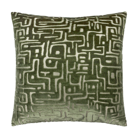 Soren Abstract Velvet Cushion in smoke green, a 45cm square cushion with a cut-velvet maze-like geometric pattern, shown against a plain white background.