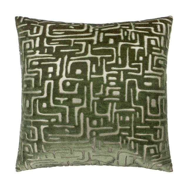 Soren Abstract Velvet Cushion in smoke green, a 45cm square cushion with a cut-velvet maze-like geometric pattern, shown against a plain white background.
