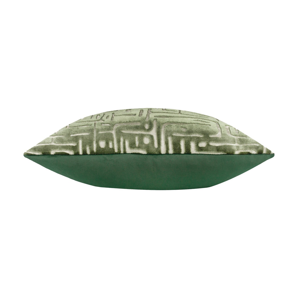 Soren Abstract Velvet Cushion in smoke green, side view showing cut-velvet maze-patterned top and plain green underside, on a white background.